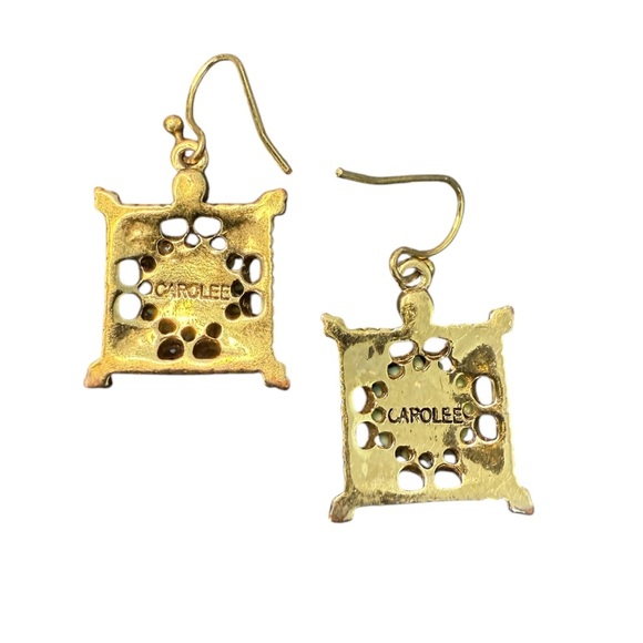 Vintage Carolee Square Gold Tone Turquoise Rhinestone Amber Beaded Earrings - Picture 4 of 9